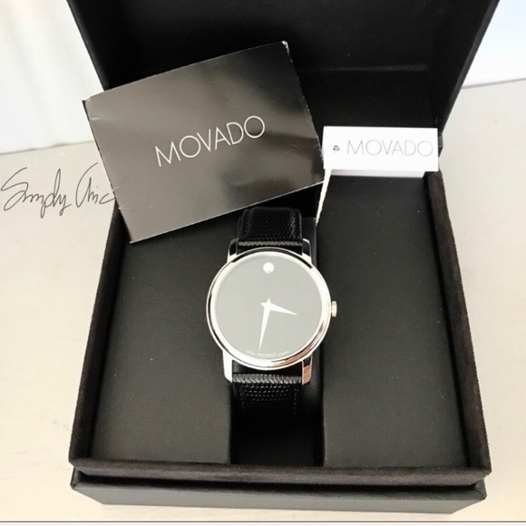 NWT Movado unisex black leather strap watch - Picture 3 of 7